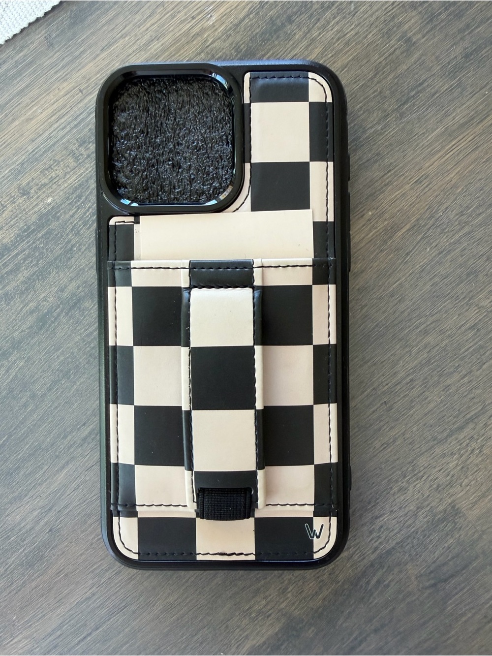 Black & White Checkerboard Phone Wallet Case with Strap